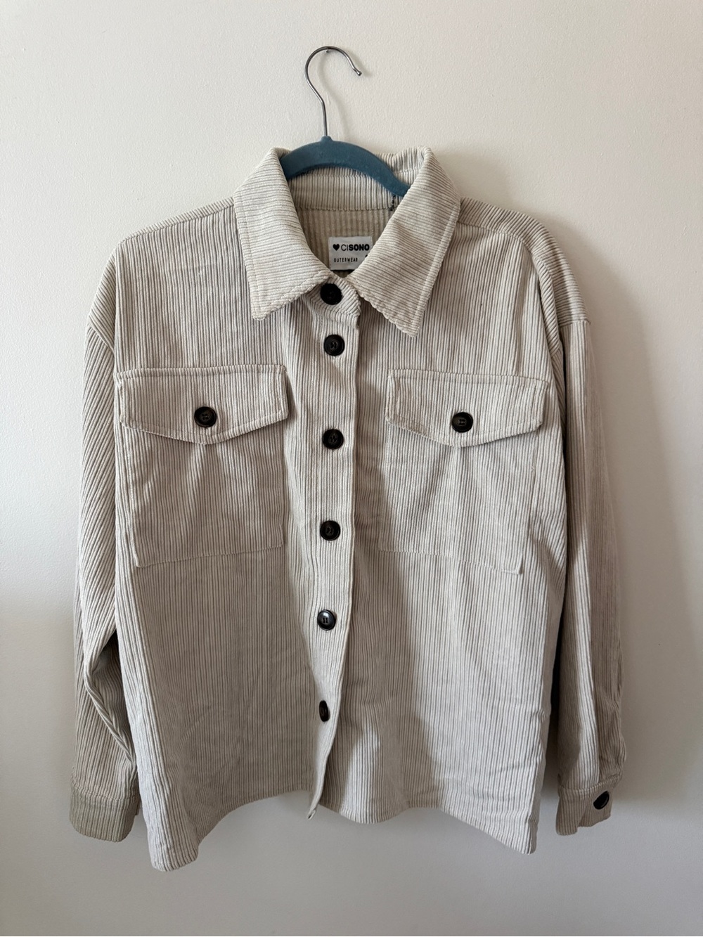 Corduroy Button-Front Shacket in Light Beige